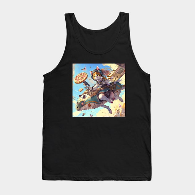 Funny Cute Cat Flying and Eating Pizza - Anime Style Art Birthday Gift ideas For Anime Lovers Tank Top by Pezzolano